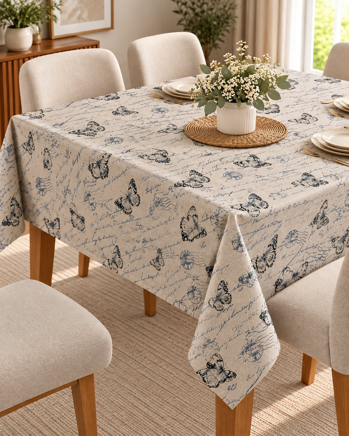 Beige butterfly tablecloth 140 x 180 cm dining table scene