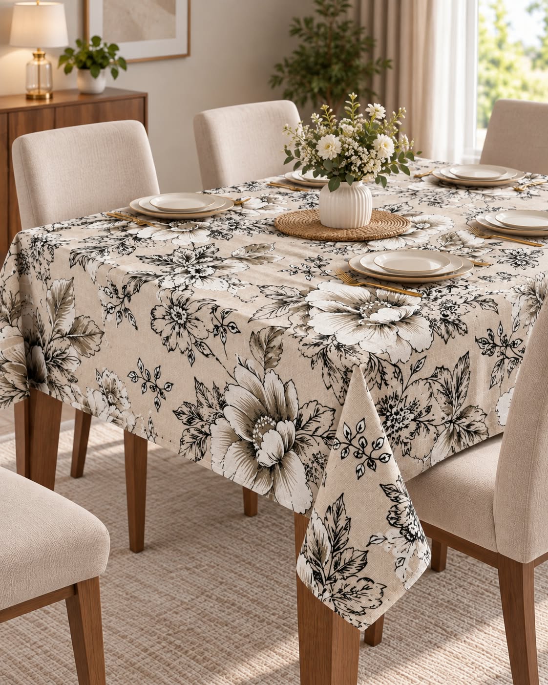 Beige floral tablecloth 140 x 180 cm dining table scene