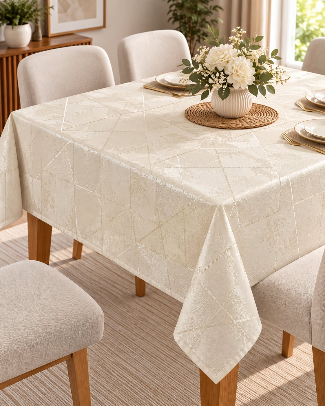 Beige geometric tablecloth 140 x 180 cm dining table scene