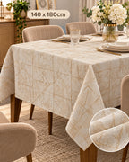 Beige textured grid tablecloth 140 x 180 cm on dining table
