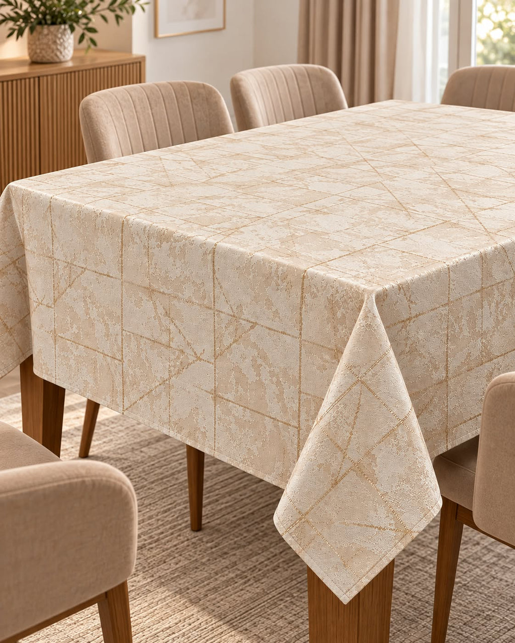Beige textured grid tablecloth on dining table