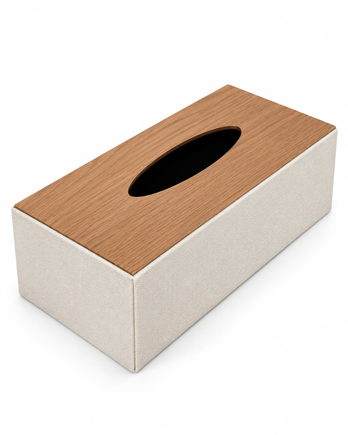Beige tissue box cover with wood-look top product view