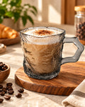 Black amber textured glass mug with coffee