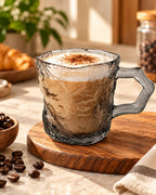 Black amber textured glass mug with coffee