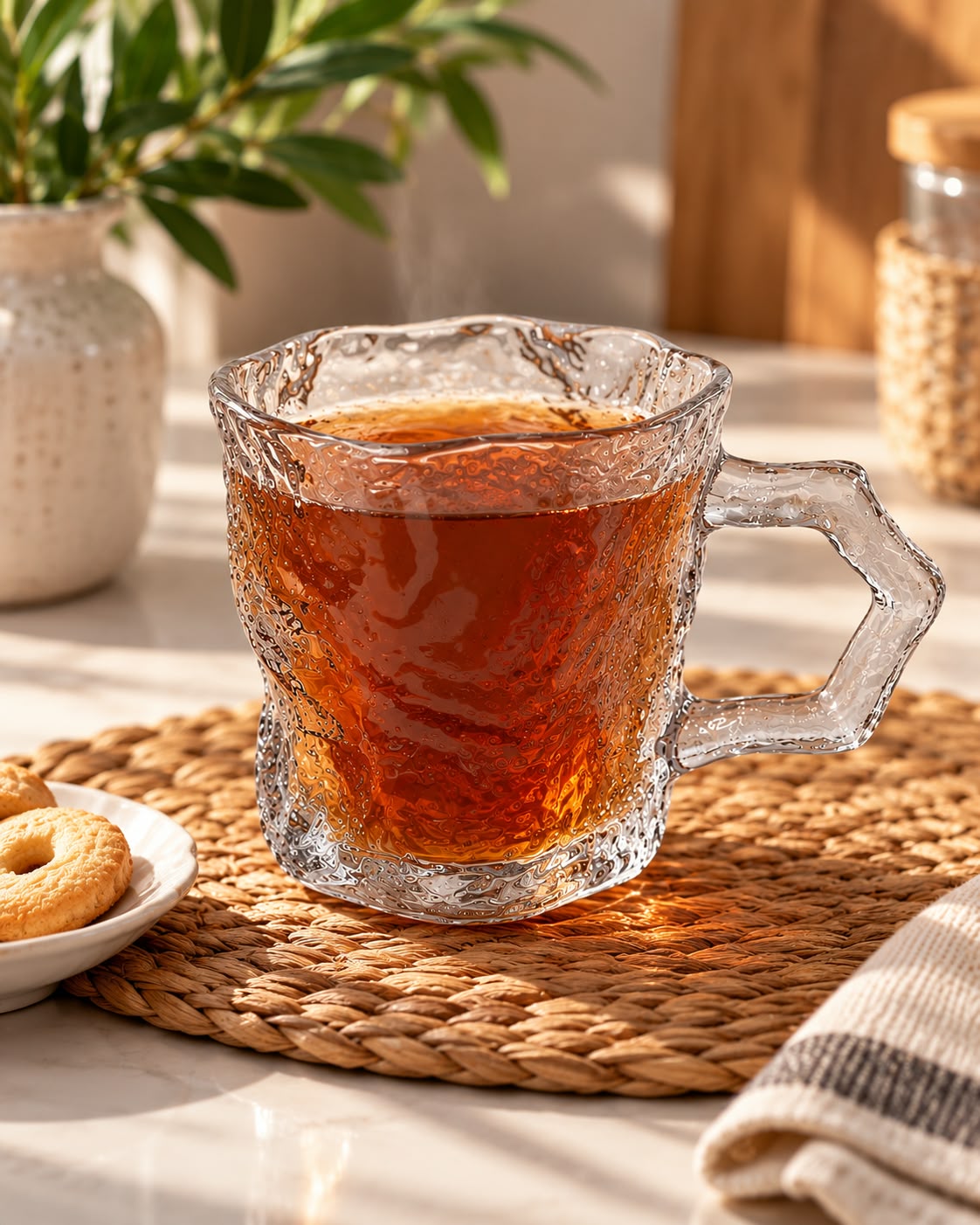 Clear textured glass mug with tea