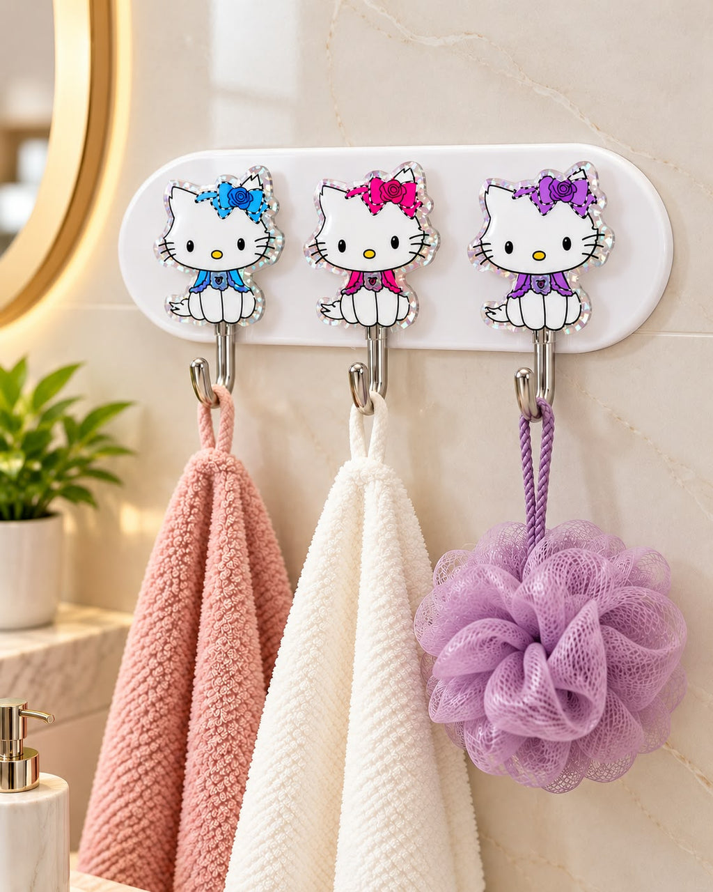 Cute cat 3-hook wall towel holder in bathroom scene