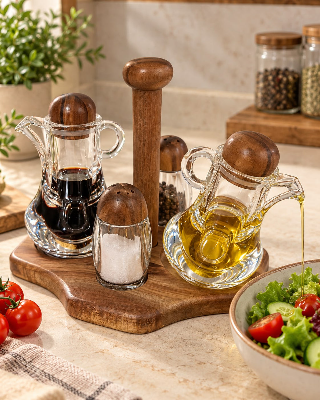 Dark wood glass oil vinegar and spice condiment set in kitchen scene