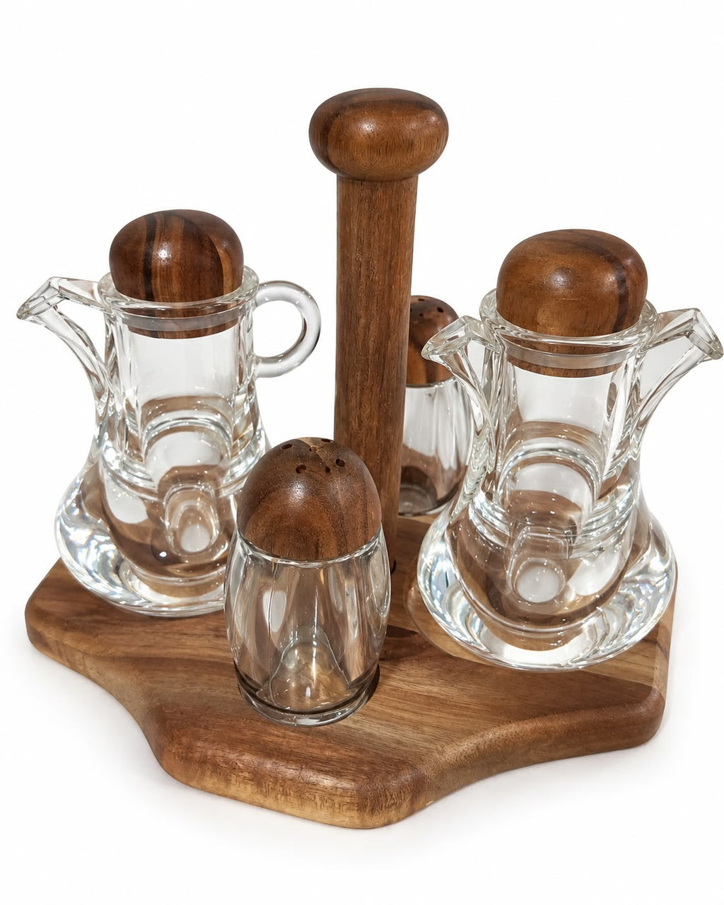 Dark wood glass oil vinegar and spice condiment set on white background