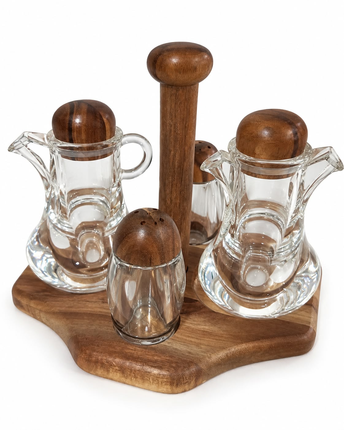 Dark wood glass oil vinegar and spice condiment set on white background