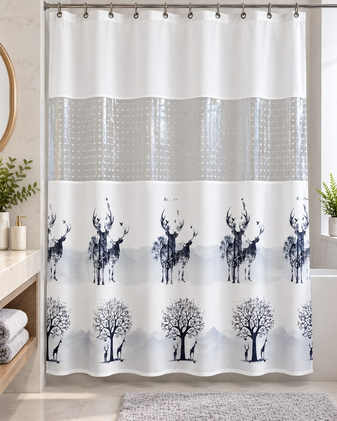 Deer and tree printed shower curtain in bathroom