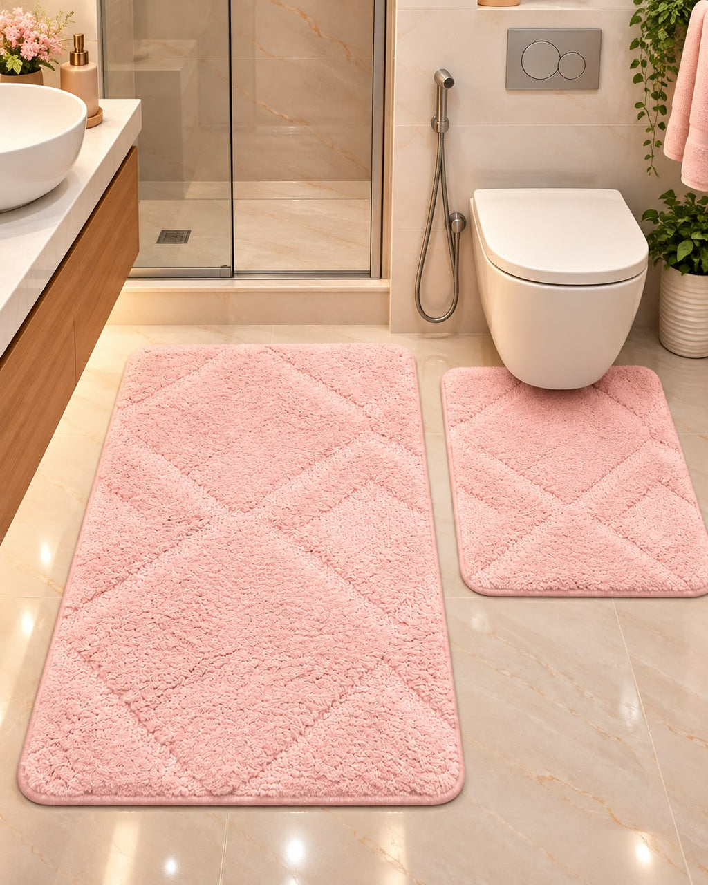 Pink 2-piece diamond bathroom mat set in bathroom