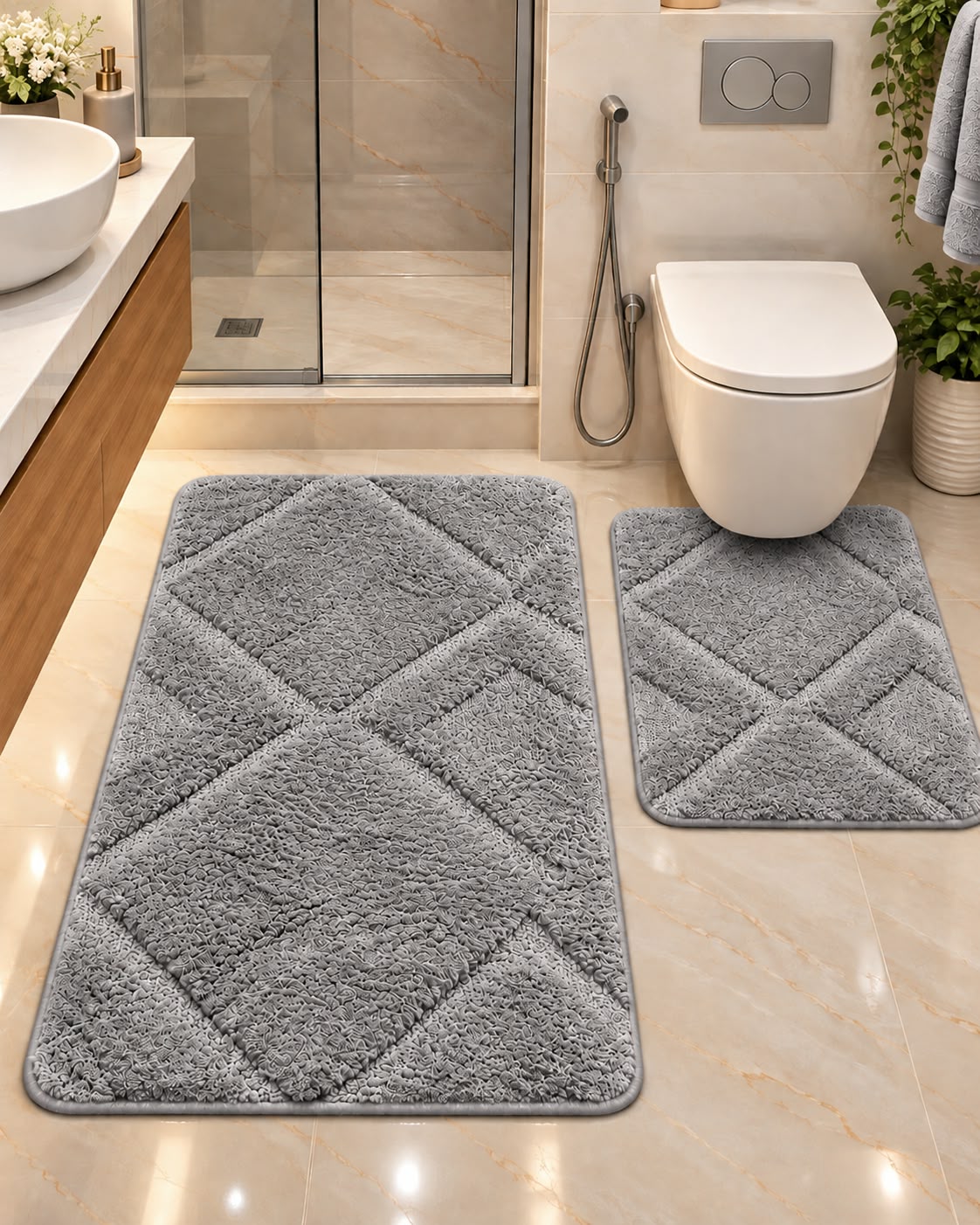 Gray 2-piece diamond bathroom mat set in bathroom