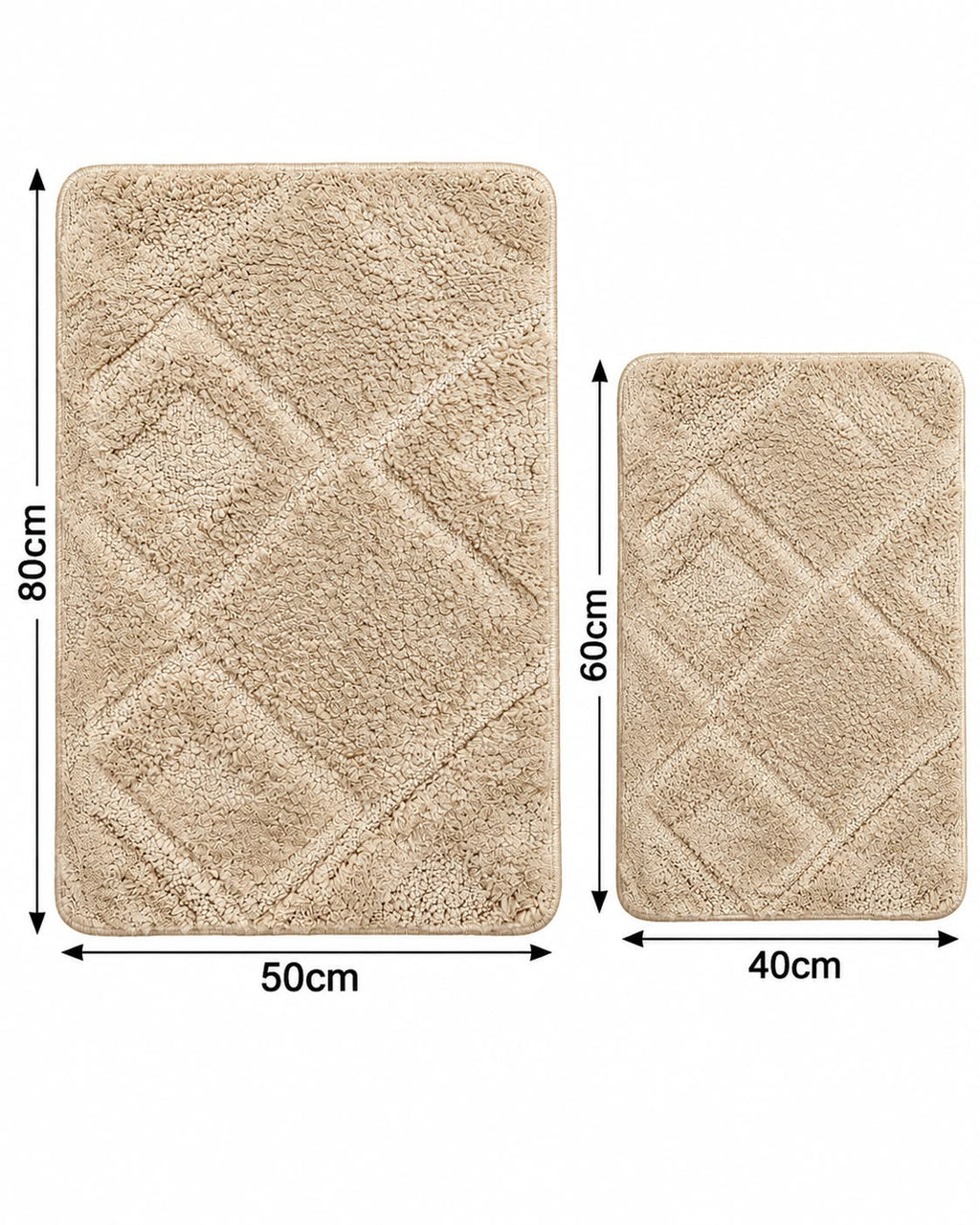 Beige 2-piece diamond bathroom mat set with dimensions