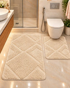 Beige 2-piece diamond bathroom mat set in bathroom