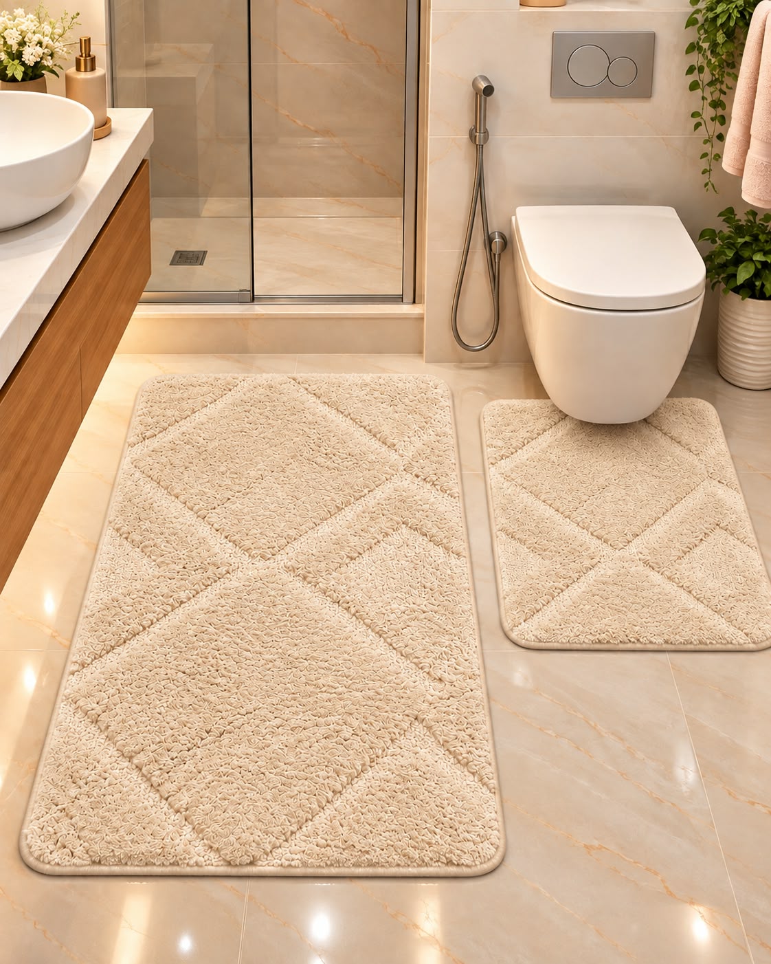 Beige 2-piece diamond bathroom mat set in bathroom