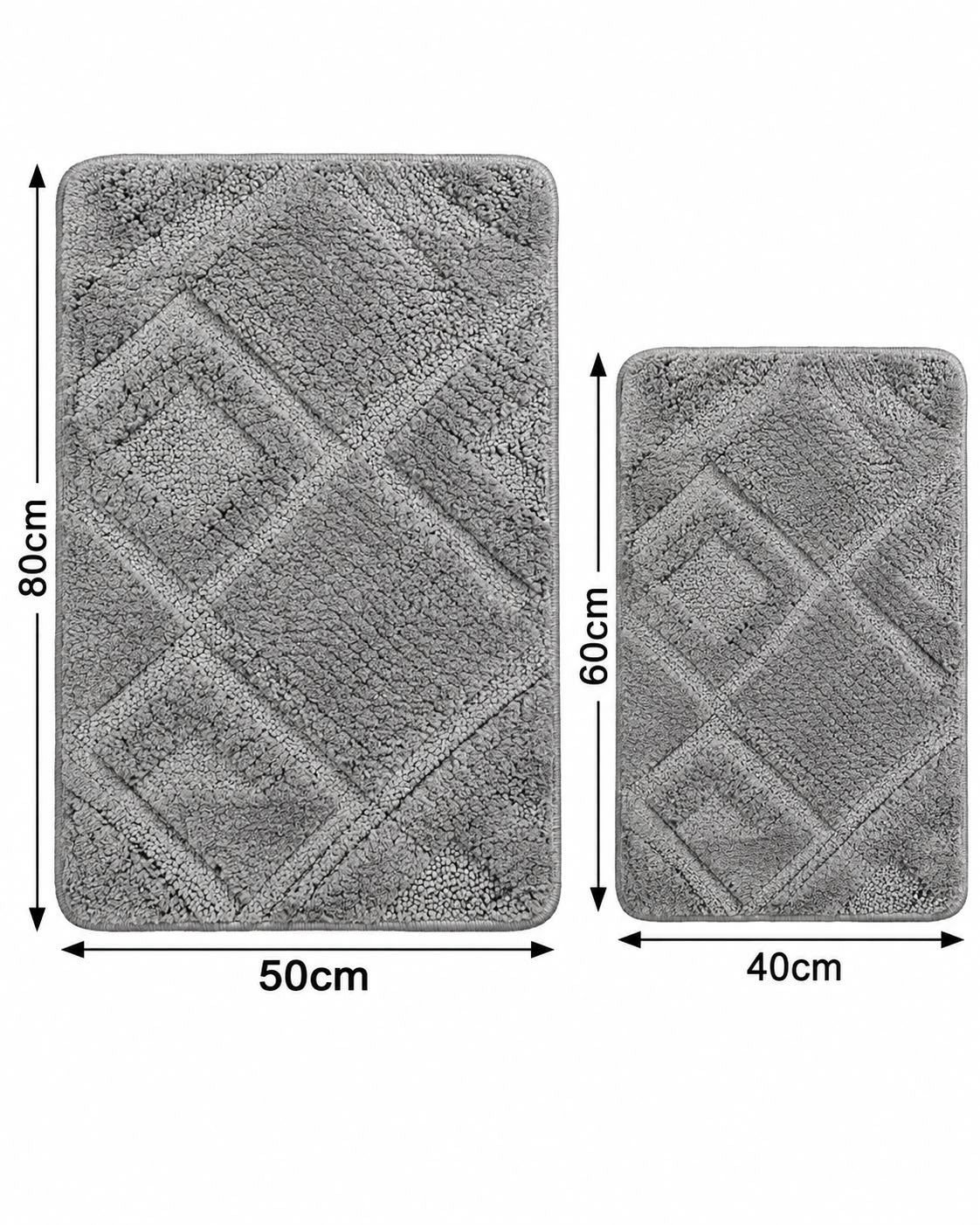Gray 2-piece diamond bathroom mat set with dimensions