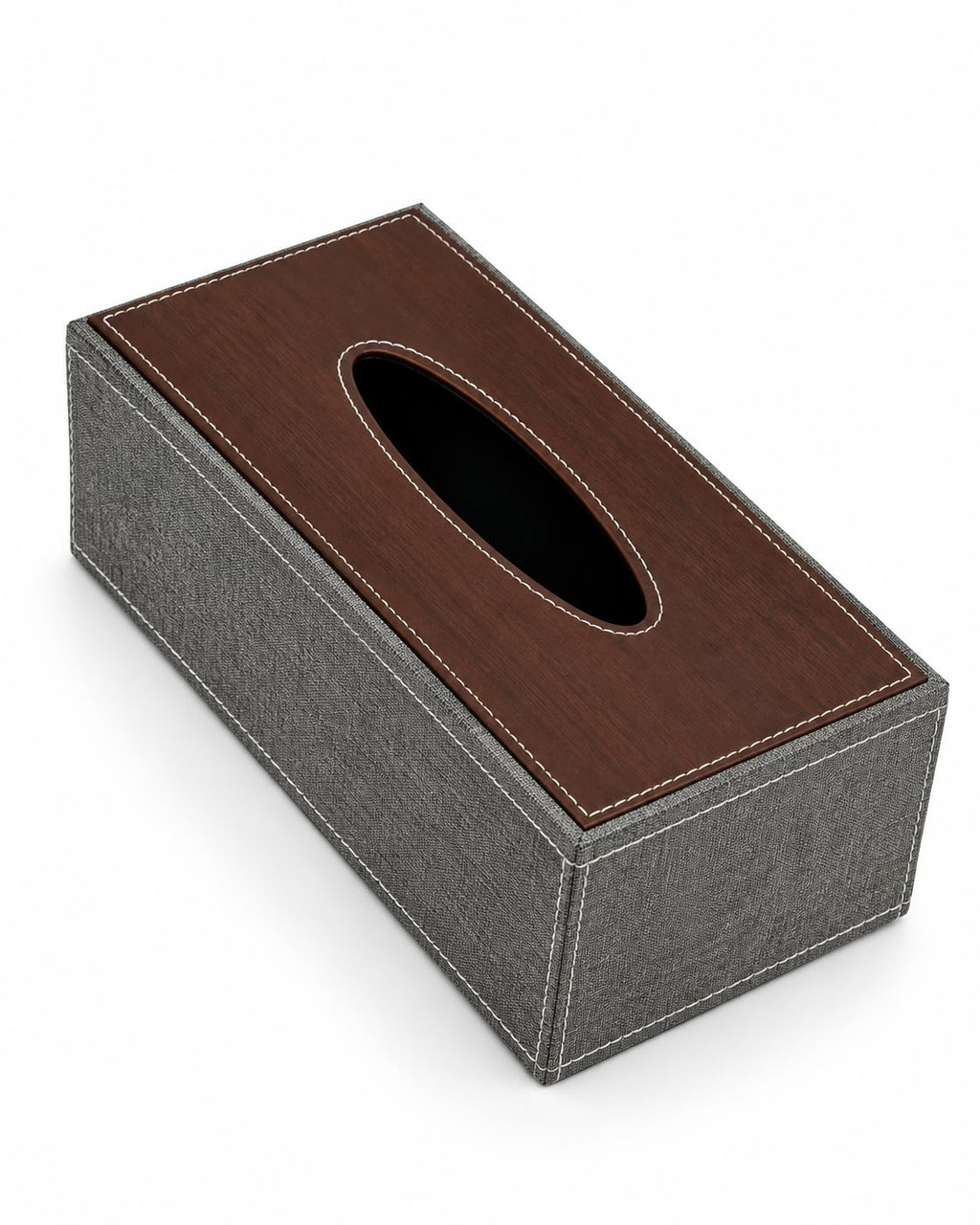 Fabric tissue box cover with brown wood-look lid product view