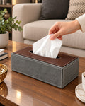 Fabric tissue box cover with brown wood-look lid in living room