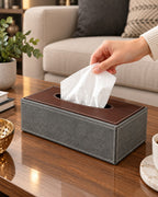 Fabric tissue box cover with brown wood-look lid in living room