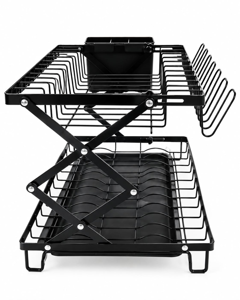 2-tier foldable black dish drying rack side view