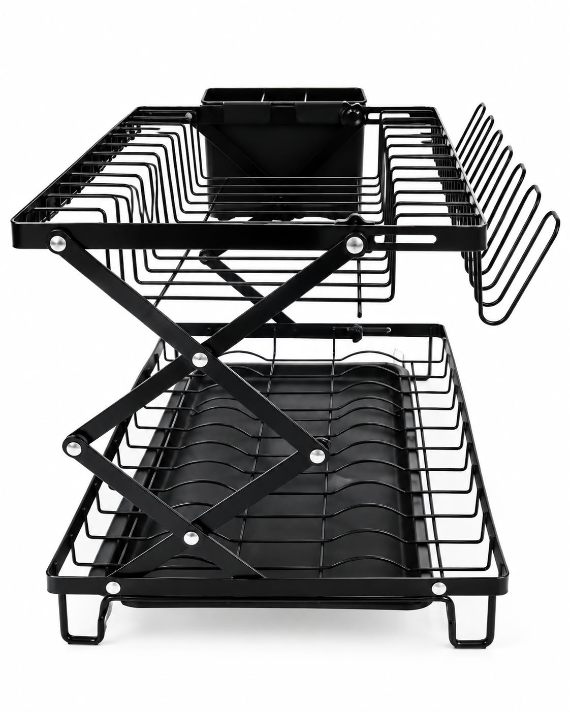 2-tier foldable black dish drying rack side view