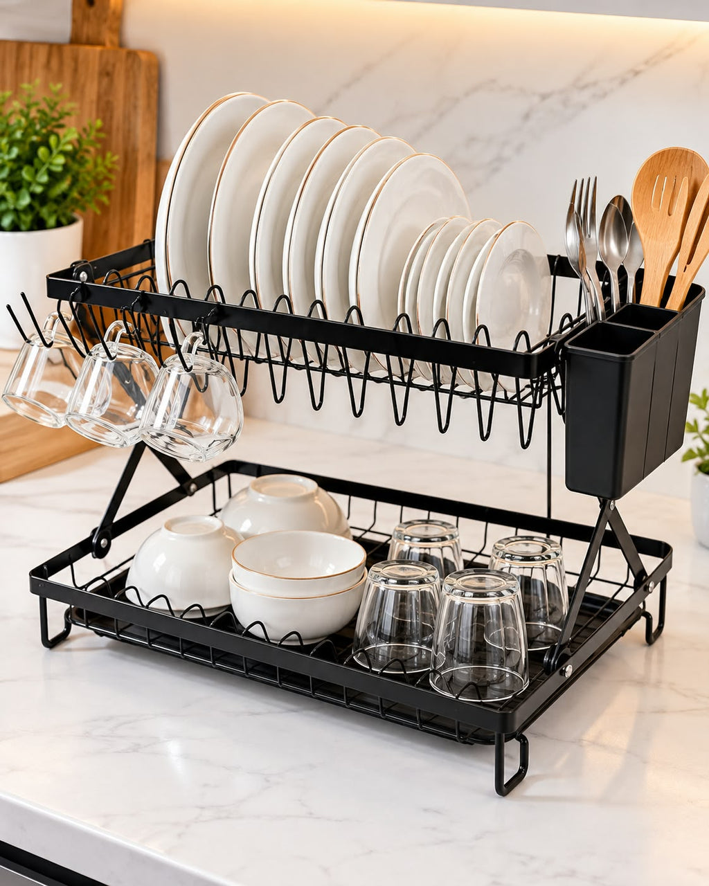 2-tier foldable black dish drying rack in kitchen