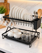 2-tier foldable black dish drying rack in kitchen