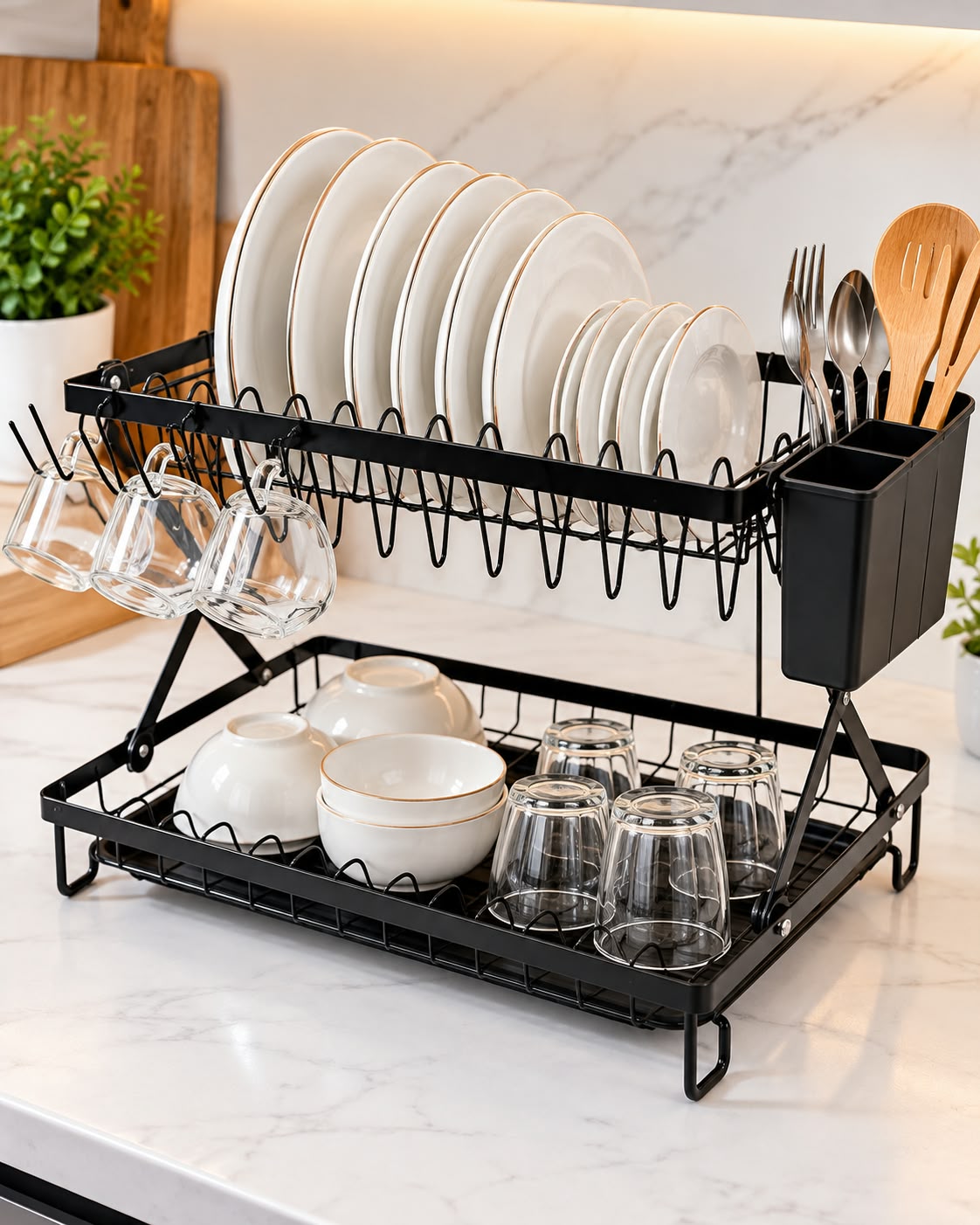 2-tier foldable black dish drying rack in kitchen