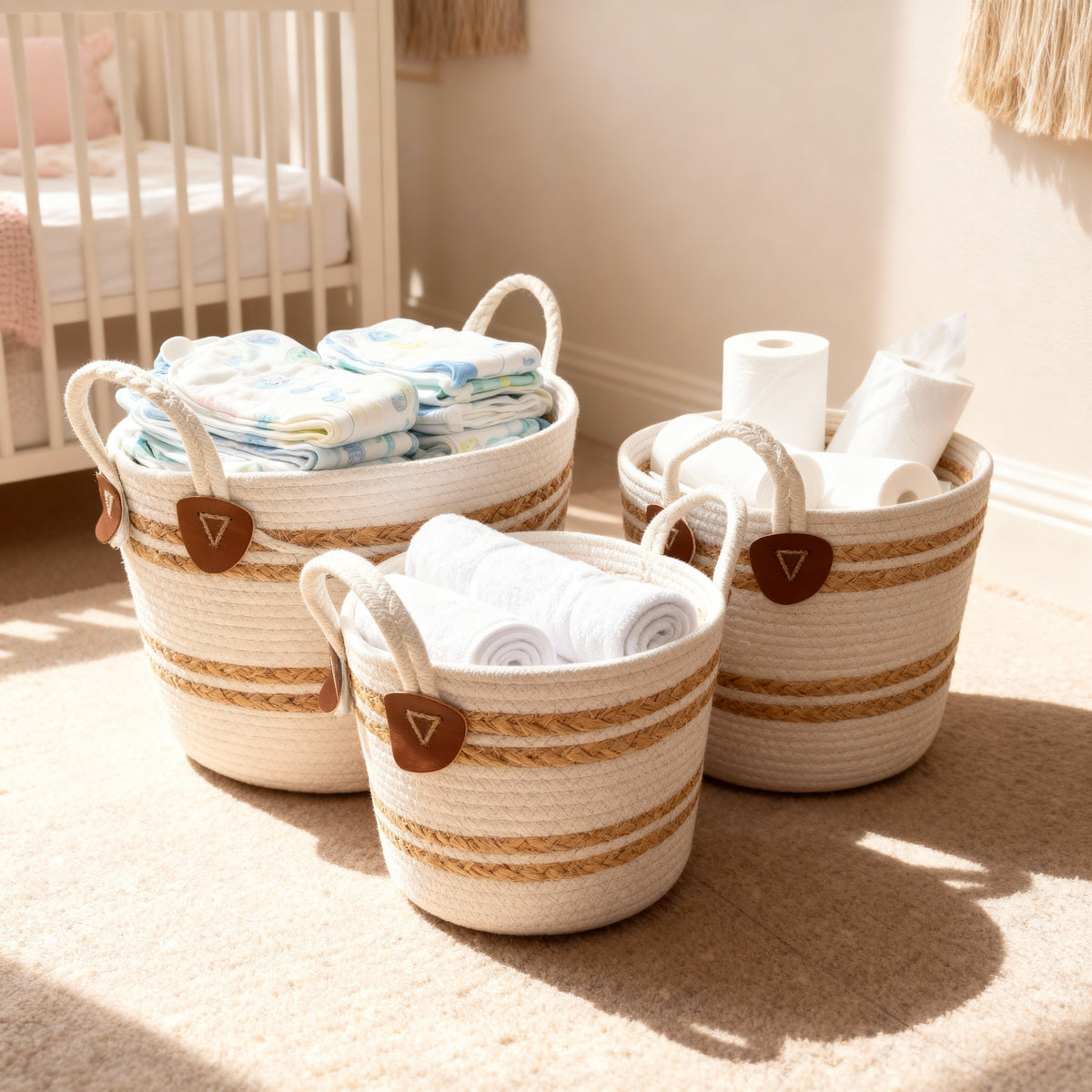 Handled Woven Storage Basket Set – 3 Pieces