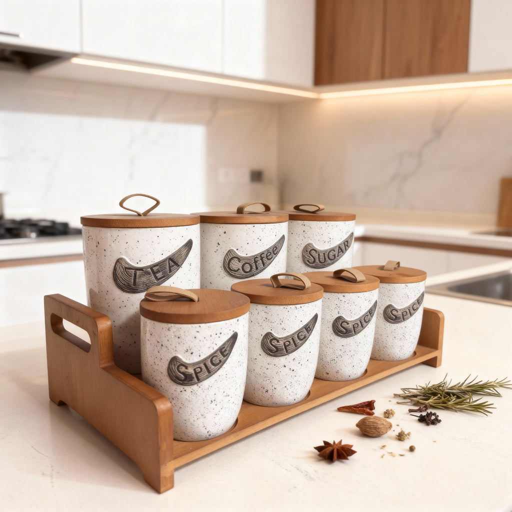 Ensemble de bocaux de cuisine haut de gamme avec plateau en bois – 7 pièces