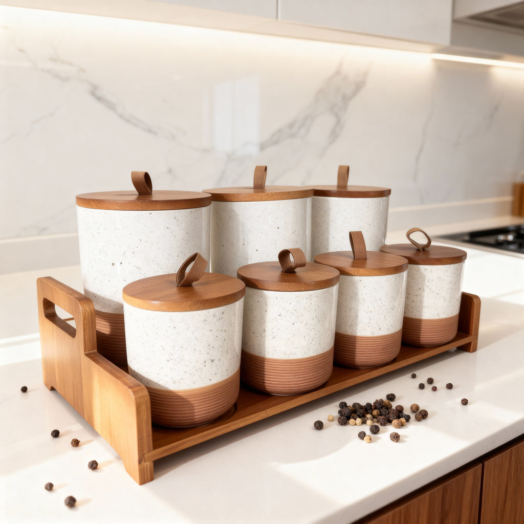 Ensemble de bocaux de cuisine haut de gamme avec plateau en bois – 7 pièces