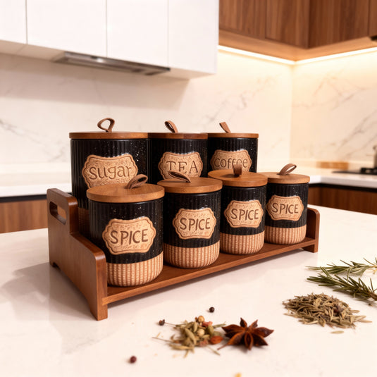 Spice Jar Set with Wooden Rack – 7 Pieces