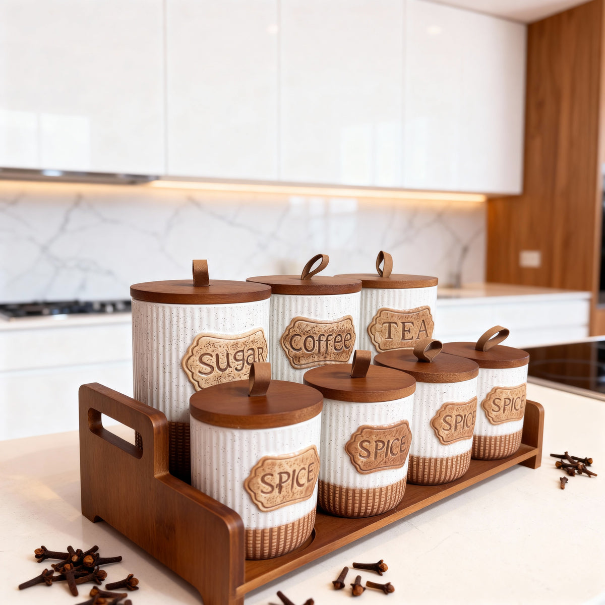 طقم برطمانات توابل مع رف خشبي - 7 قطع