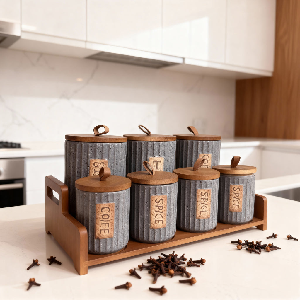 Ensemble de bocaux de cuisine haut de gamme avec plateau en bois – 7 pièces