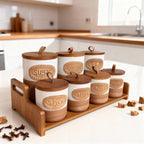 Ensemble de bocaux de cuisine haut de gamme avec plateau en bois – 7 pièces