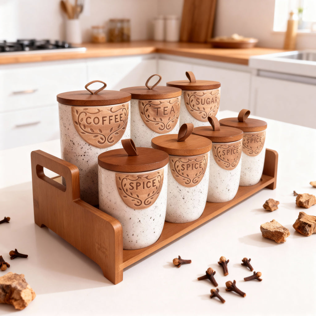 Ensemble de bocaux de cuisine haut de gamme avec plateau en bois – 7 pièces