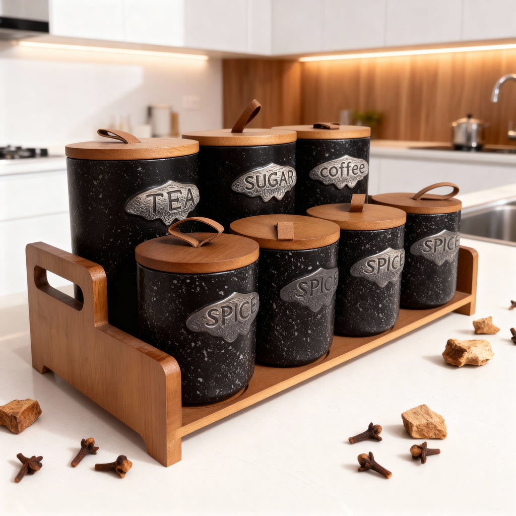 Ensemble de bocaux de cuisine haut de gamme avec plateau en bois – 7 pièces