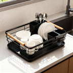 Compact Dish Drying Rack with Wooden Handles