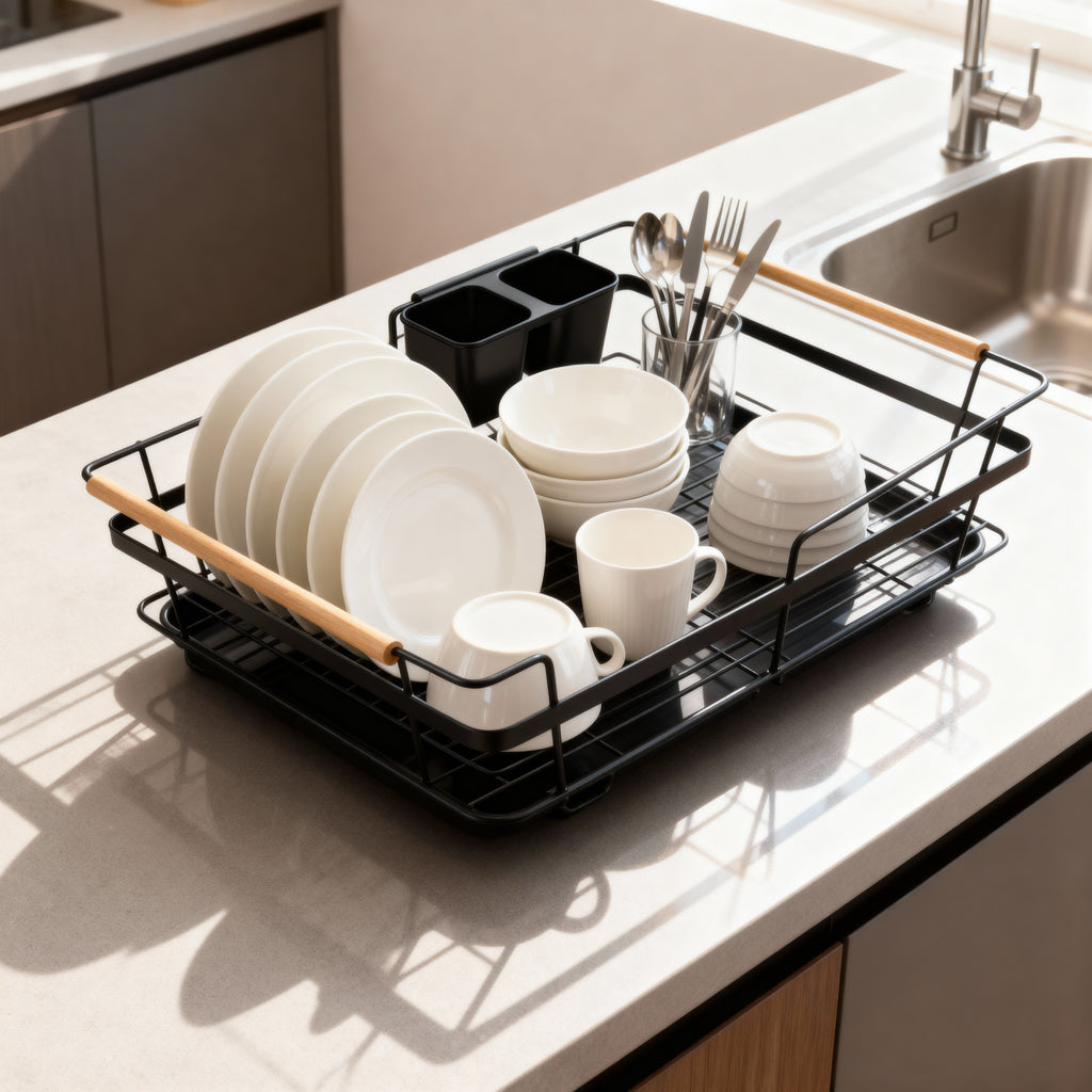 Modern Countertop Dish Drying Rack with Wooden Handles