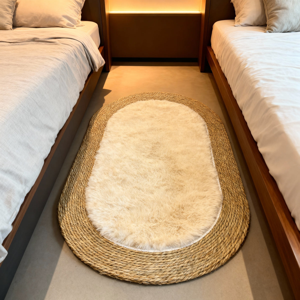 Boho Woven Jute & Faux Fur Area Oval Rug 70x100