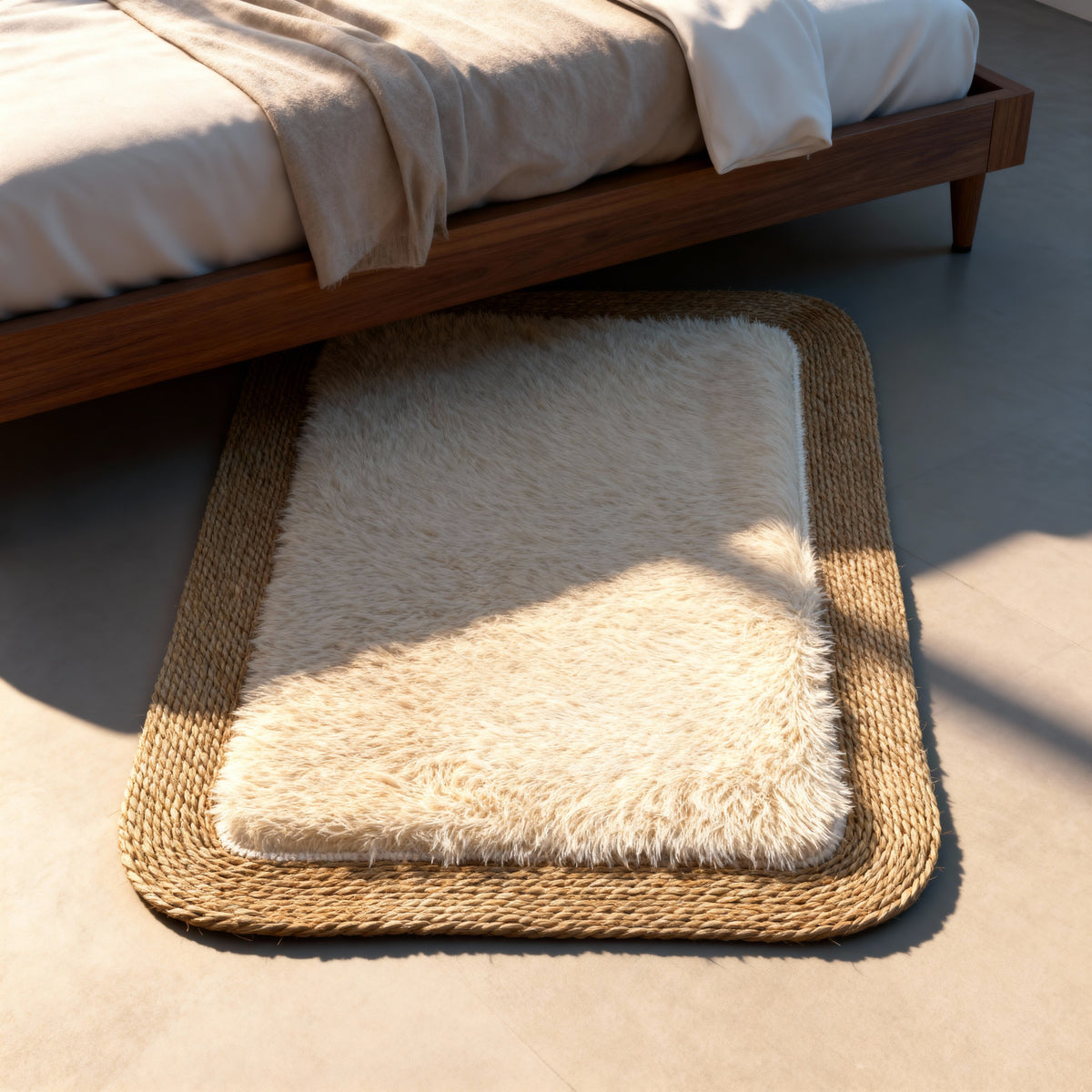 Boho Woven Jute & Faux Fur Area Rectangle Rug - 100x70