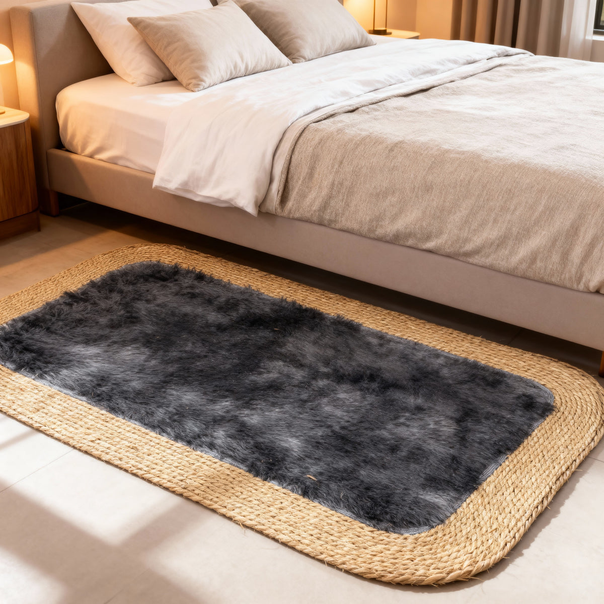 Boho Woven Jute & Faux Fur Area Rectangle Rug - 120x80