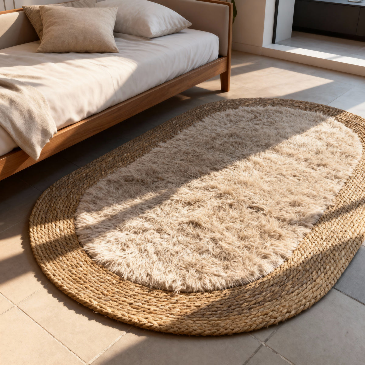 Boho Woven Jute & Faux Fur Area Oval Rug 70x100
