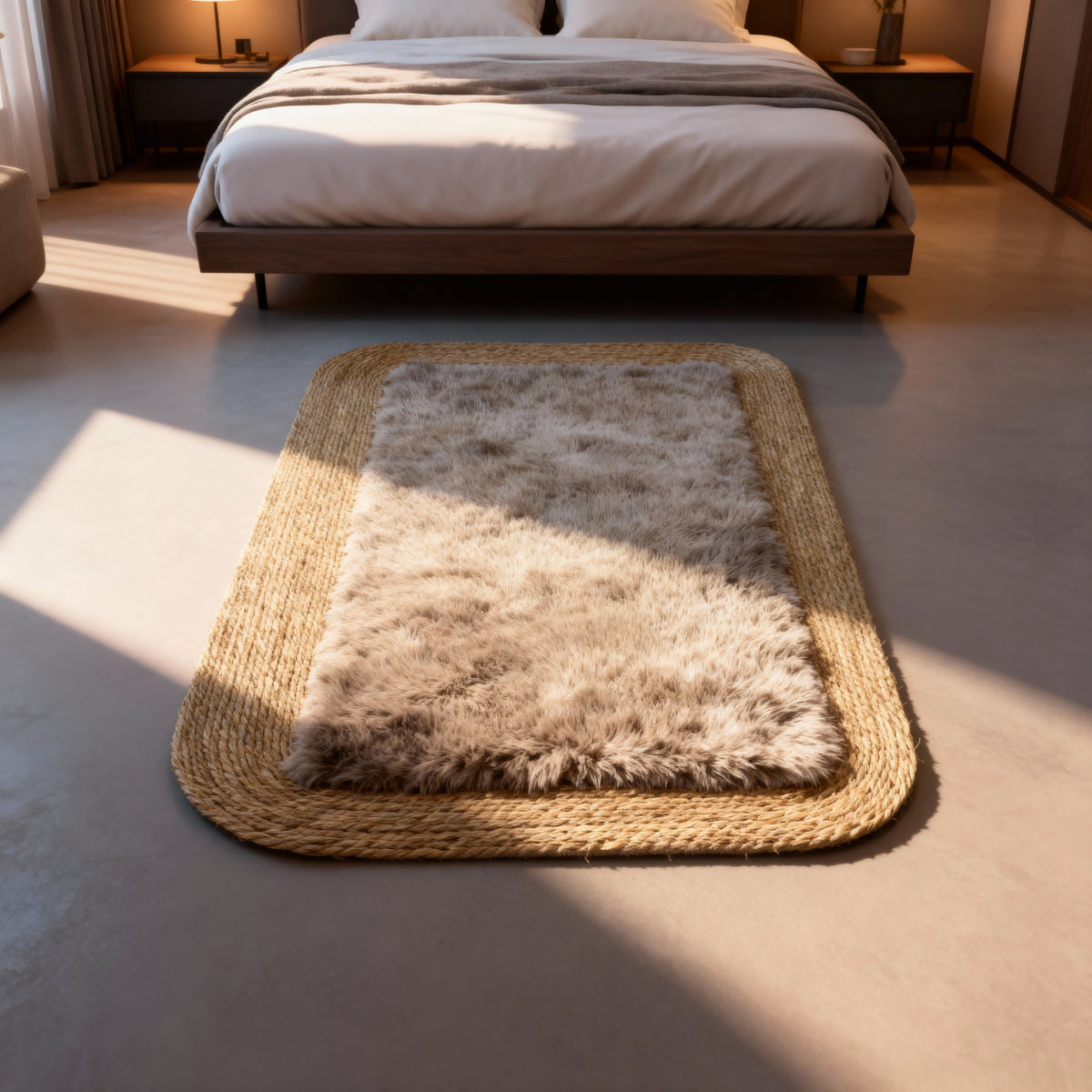 Boho Woven Jute & Faux Fur Area Rectangle Rug - 120x80