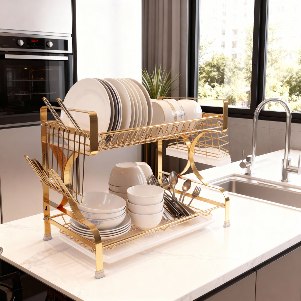 Elegant Two-Tier Gold Dish Drying Rack