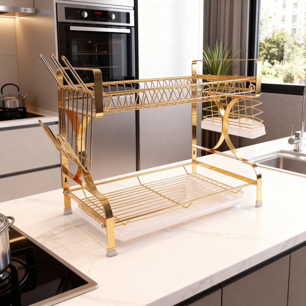 Elegant Two-Tier Gold Dish Drying Rack