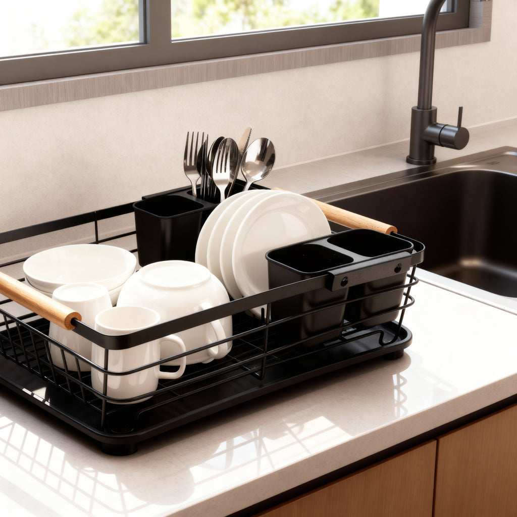 Compact Dish Drying Rack with Wooden Handles