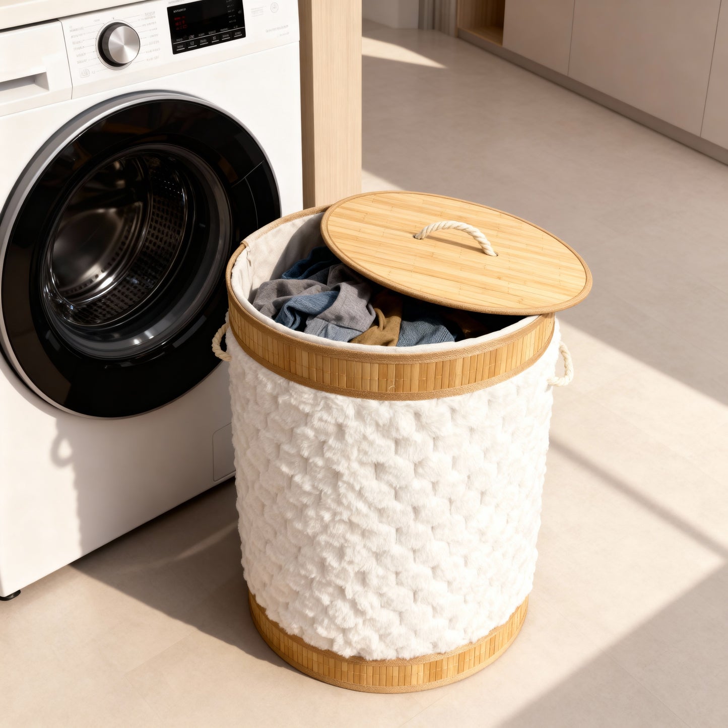 Panier à linge rond en peluche de bambou