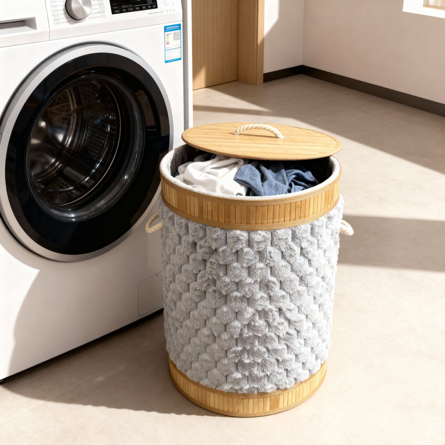 Panier à linge rond en peluche de bambou