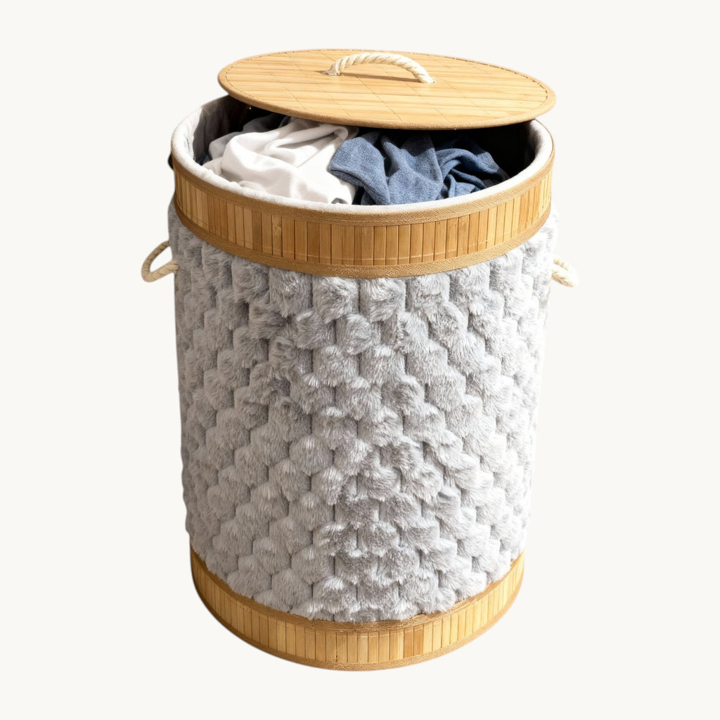 Round Plush Bamboo Laundry Basket